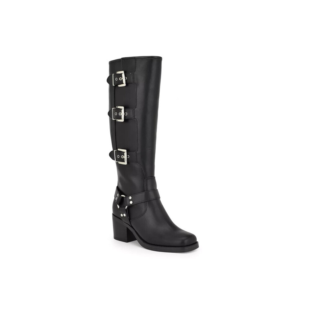 Nine West Karry Motorcycle Boots Womens 8.5 Black Faux Leather Knee High LION293